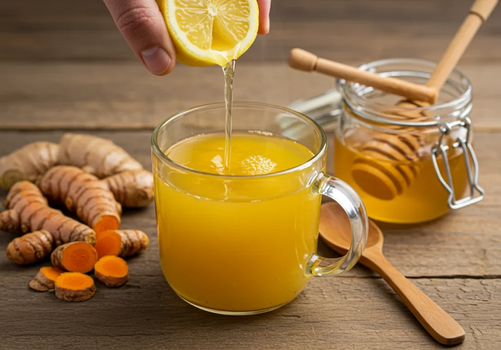 Adding lemon and honey to turmeric ginger lemonade