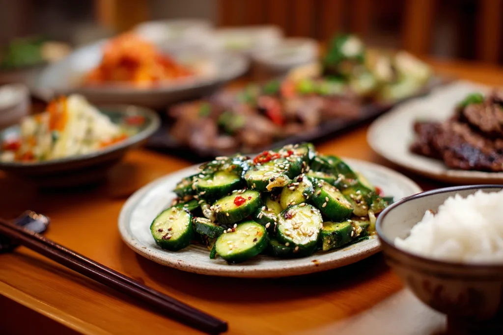 Korean cucumber salad served with rice and banchan dishes
