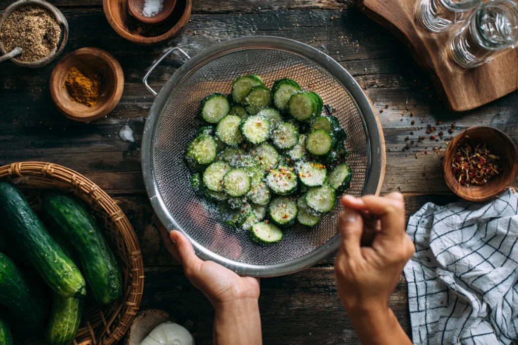 Salting cucumbers and preparing Oi Muchim in kitchen