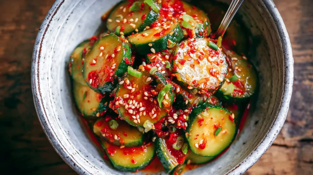 Korean cucumber salad in a rustic bowl with sesame and scallions