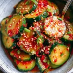 Korean cucumber salad in a rustic bowl with sesame and scallions