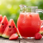 Watermelon Strawberry Juice in pitcher with fresh fruit