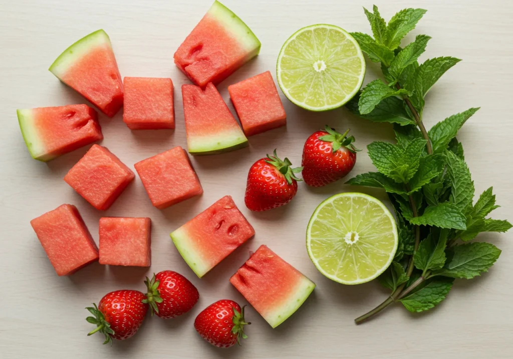 Watermelon strawberry juice ingredients on table