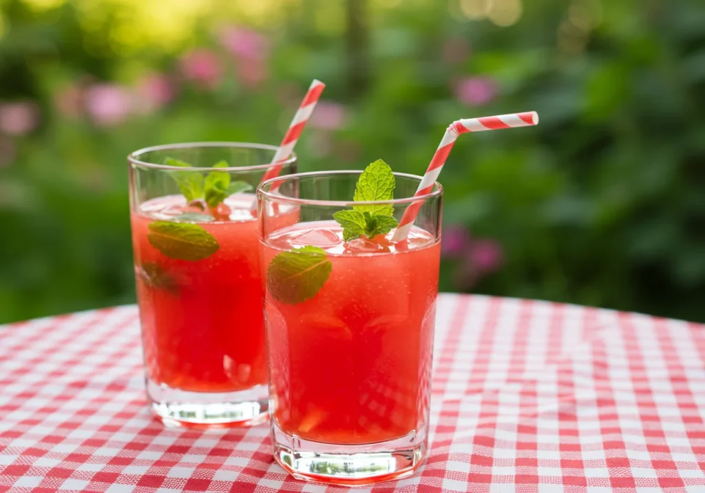 Glasses of watermelon strawberry juice with mint