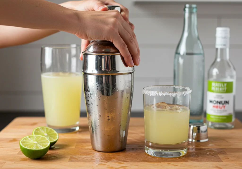 Making sugar free margarita mocktail with shaker and salted glass