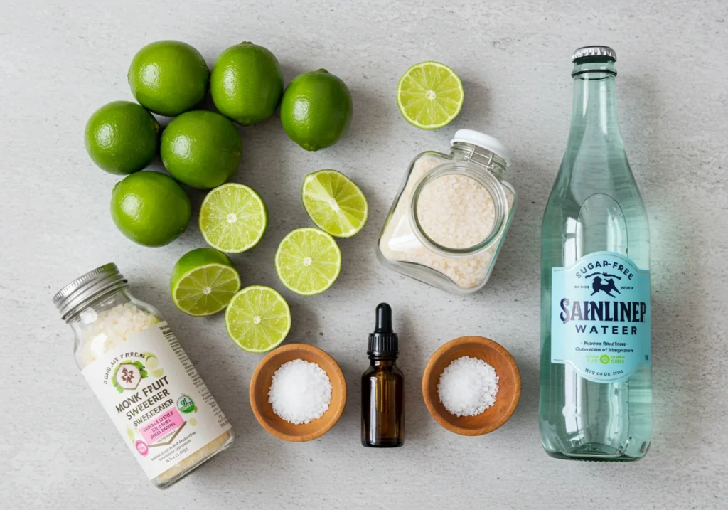 Ingredients for sugar free margarita mocktail including lime and monk fruit