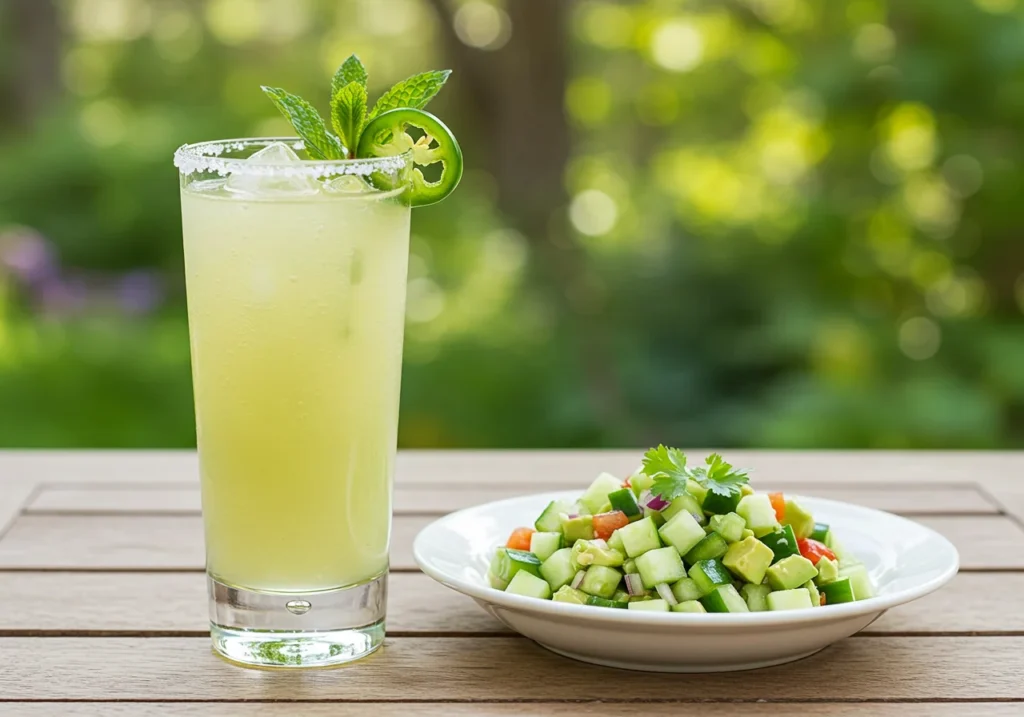 Served sugar free margarita mocktail with mint and jalapeño garnish