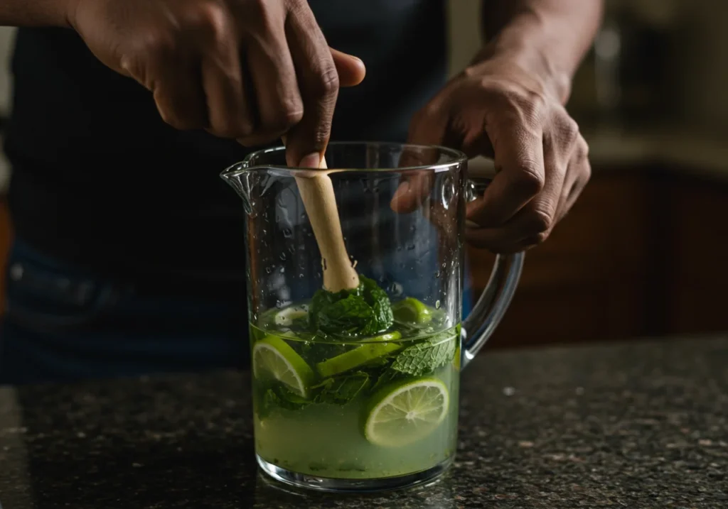 Muddling mint and lime for Ocean Blue Mojito Lemonade