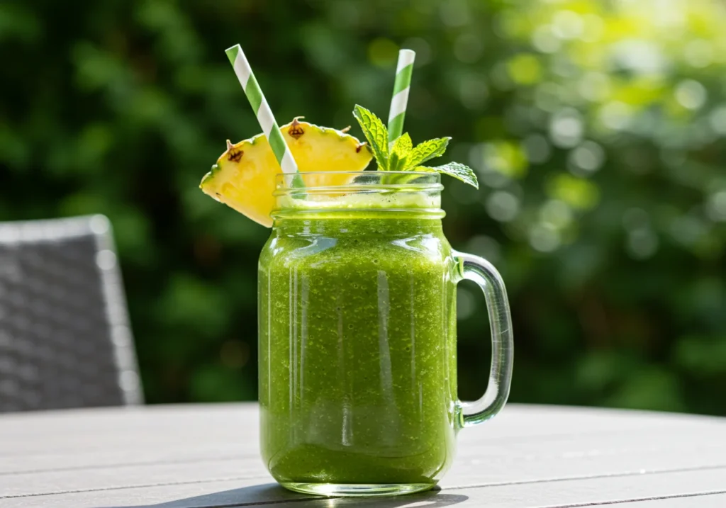 served detox island green smoothie sugar free in glass