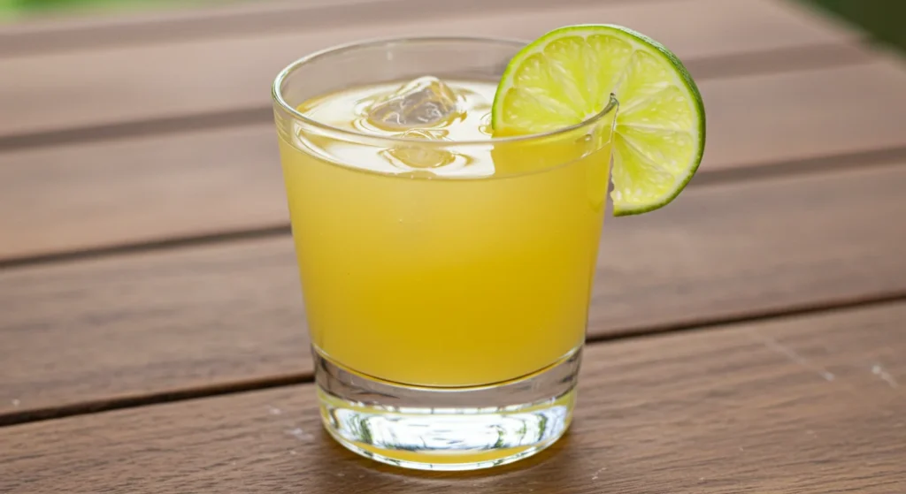 Sugar free margarita mocktail with salted rim and lime garnish