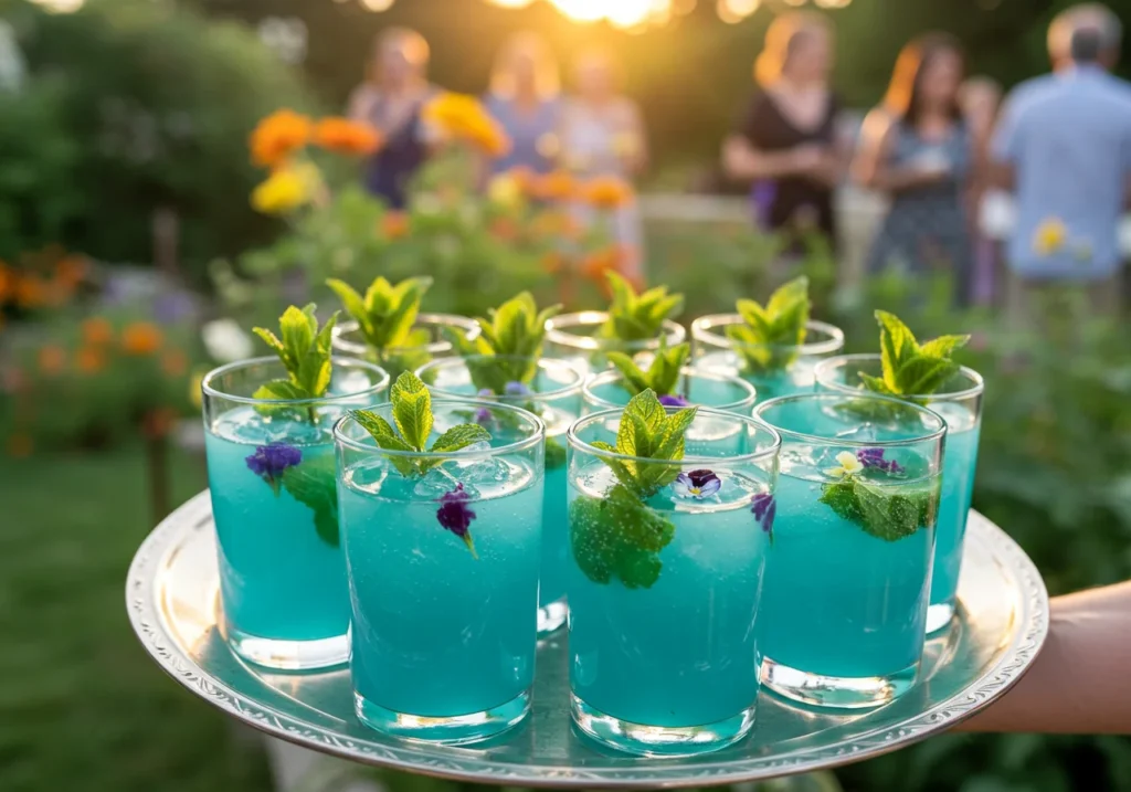 Serving sugar free Ocean Blue Mojito Lemonade at a summer party